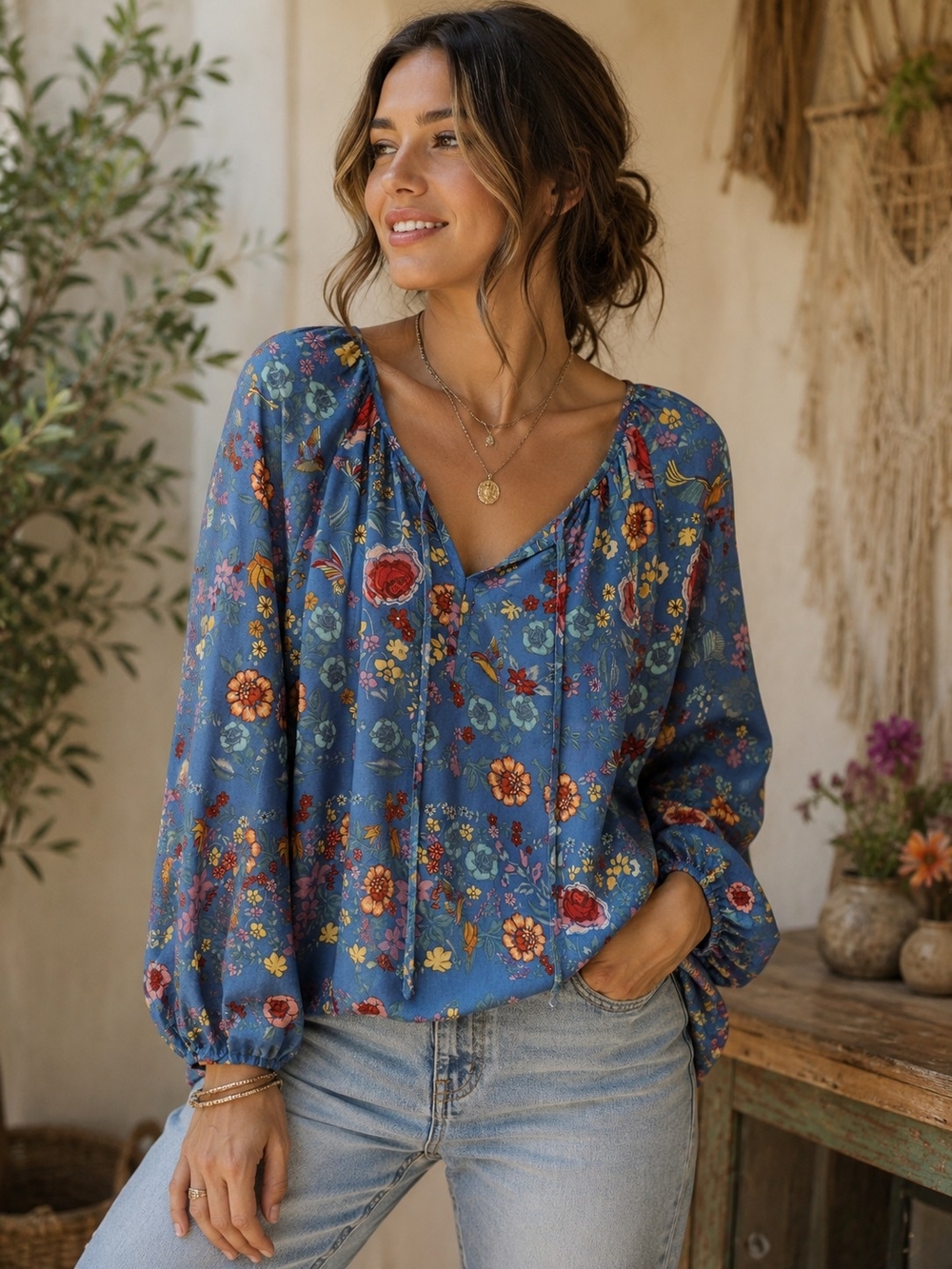 Dalia Blue Floral V-Neck Long Sleeve Blouse